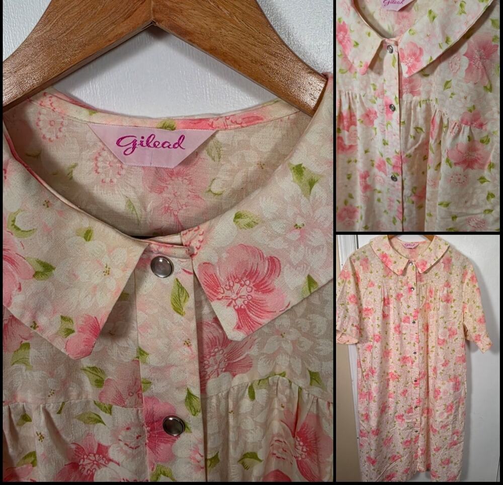 Vintage 70s Gilead Rose Pink Floral House Coat Dress Sz XL Snap Front Granny USA